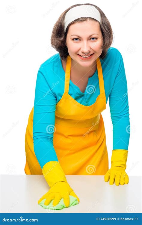 Brunette Housewife Rubbing White Table A Rag Stock Image Image Of Clean Hand 74956599