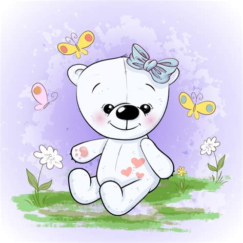 Premium Vector Cute Polar Bear Flowers And Butterflies Cartoon Style