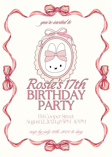 Editable Miffy Birthday Invitation Cute Coquette Pink Bunny W Bows