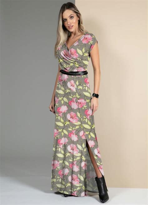 Vestido Floral Bege Decote Transpassado Quintess