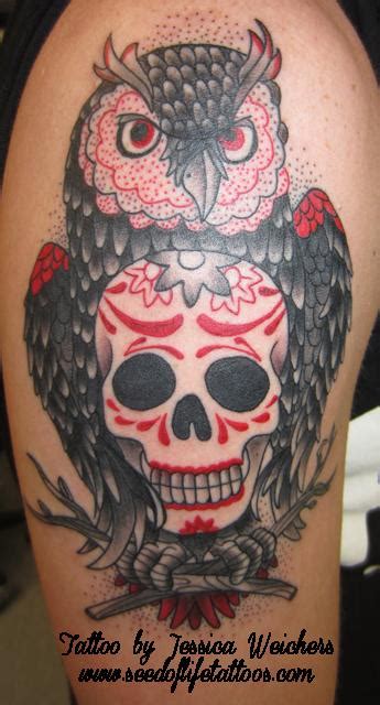 Owl And Sugar Skull Chest Tattoo