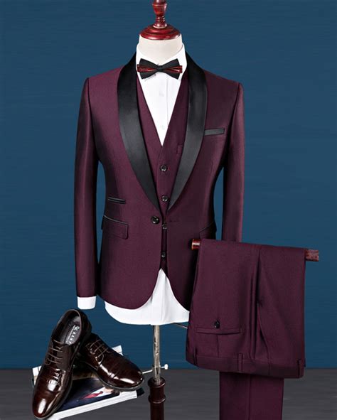 Black And Burgundy Groom Suit For Wedding Prom Tuxedo For Men Shawl La Classbydress