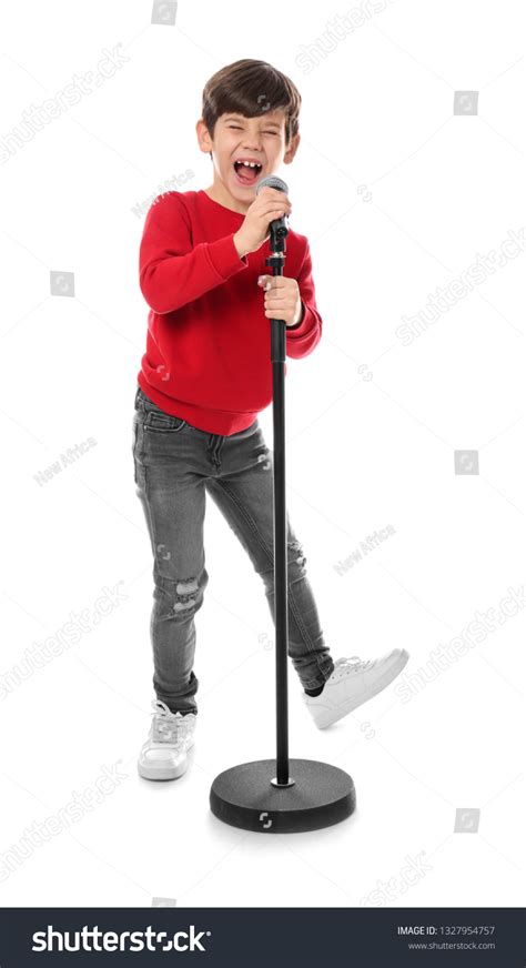 Cute Little Boy Singing Into Microphone Stock Photo 1327954757