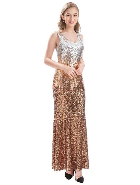 Buy Maner Women V Neck Sequin Long Dress Sleeveless Evening Prom Formal