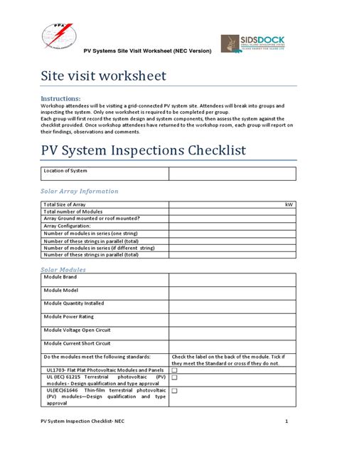 Site Visit Inspection Checklist Based On Nec Wf 12 June 2019 Pdf Photovoltaic System