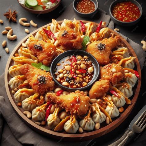 Premium Ai Image A Platter Of Fried Chicken And Mushroom Dumplings