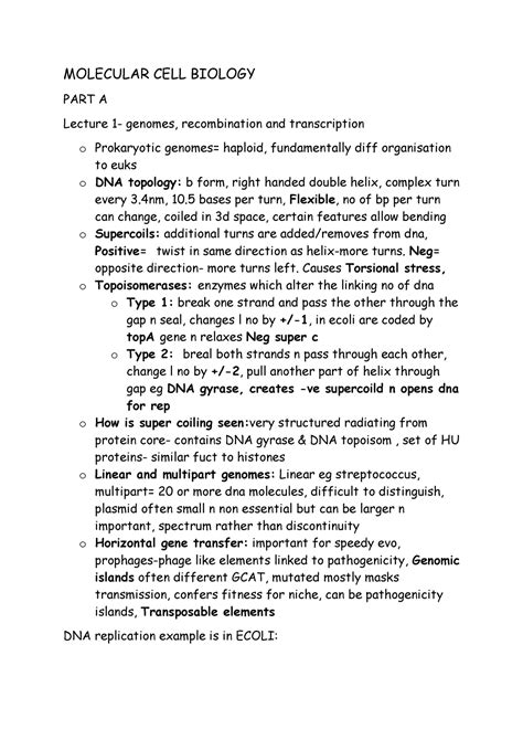 MCB Brief Notes On All Lectures MOLECULAR CELL BIOLOGY PART A