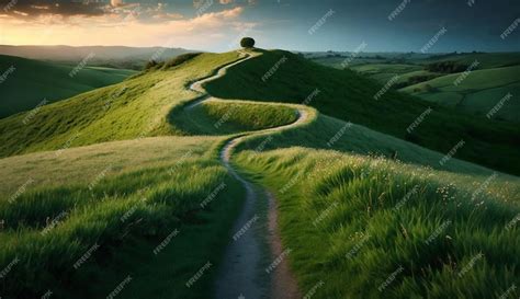 Premium Ai Image Winding Path Trough A Green Grass Field In Hill Nature Background Concept