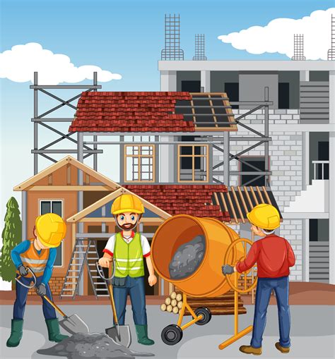 House Construction Site With Workers Cartoon 9204281 Vector Art At Vecteezy