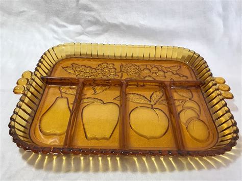 Vintage Indiana Amber Glass Divided Fruit Serving Tray Etsy