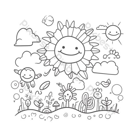 Vector Drawing Sketch Summer Sun Coloring Page With Doodle Outline