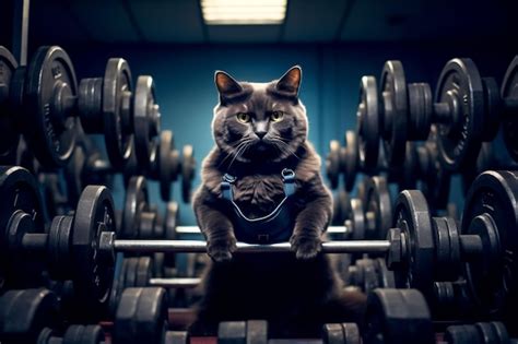 Premium Photo | Funny black cat do training in gym Sport Cat is going to do exercise with weight ...