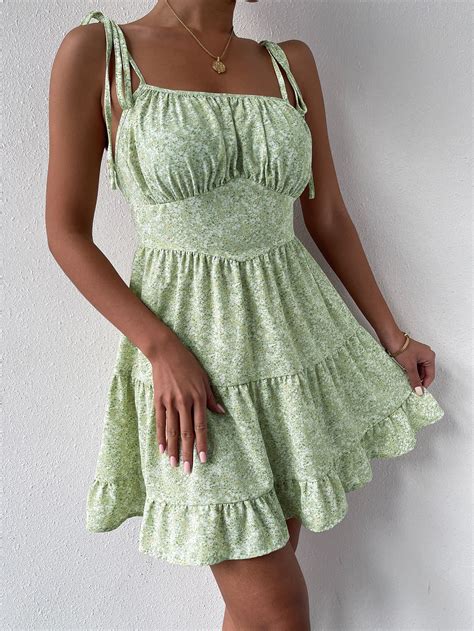 Ditsy Floral Ruched Bust Tie Shoulder Ruffle Hem Cami Dress Short