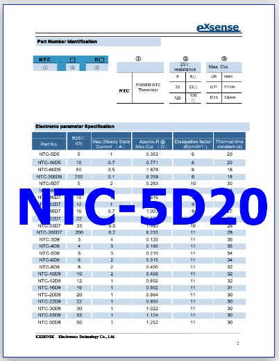 NTC 5D20 PDF Datasheet Power NTC 5 Ohm Thermistor