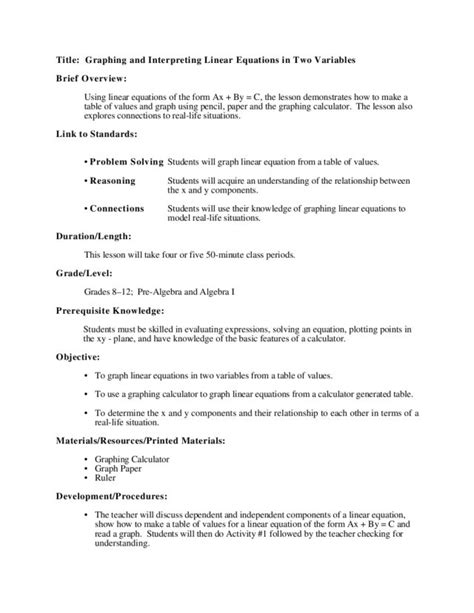 Graphing And Interpreting Linear Equations In Two Variables Lesson Plan