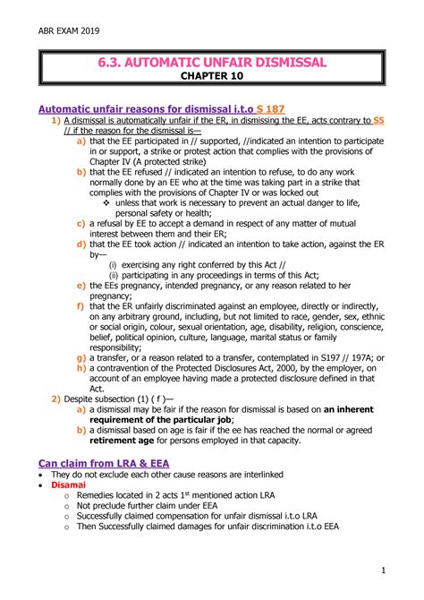 Auto Unfair Dismissal Abr Exam 2019 Automatic Unfair Reasons For