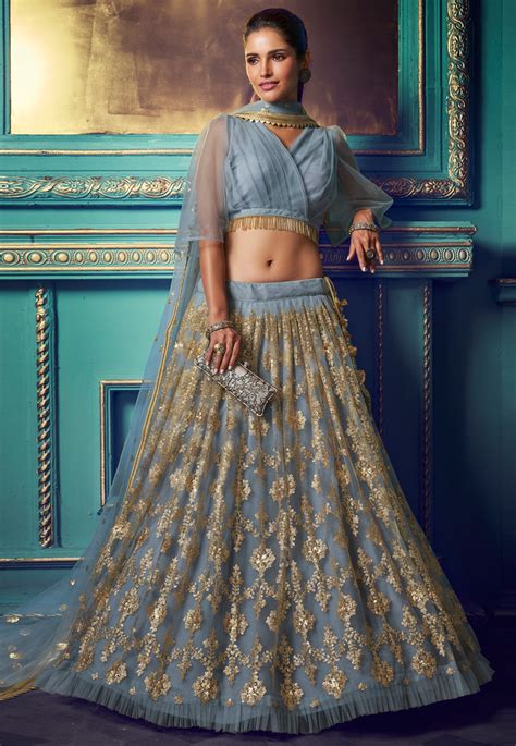 Grey Net Embroidered Frill Circular Lehenga Choli 4105