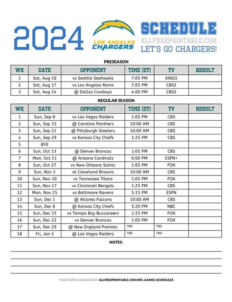 La Chargers Printable Schedule Brandy Merrilee