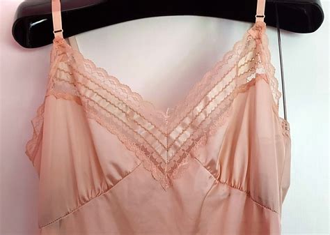 Vintage Nude Beige Full Slip Lace Ribbon Nylon Adjust Gem