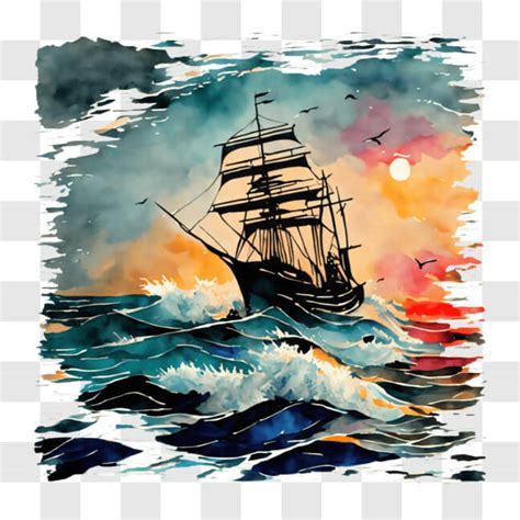 Baixe Pintura Em Aquarela De Um Navio Antigo Ao P R Do Sol Png