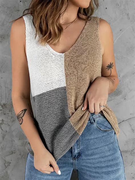 Color Block Knit Tank Top Casual V Neck Summer Temu Australia