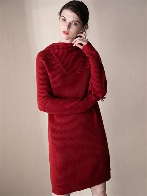 Super Good Quality Cashmere Warm Turtleneck Hooded Dress 2018 Autumn