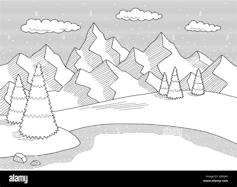 Berg See Grafik schwarz weiß Landschaft Skizze Illustration Vektor