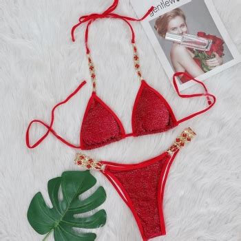 Wholesale Sexy Glitter Rhinestone Metallic Chain 4 Colors Padded Halter Neck Bikini Set BA012338