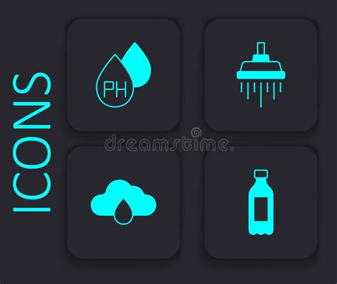 Set Bottle Of Water Water Drop Shower And Cloud With Rain Icon Black Square Button Vector