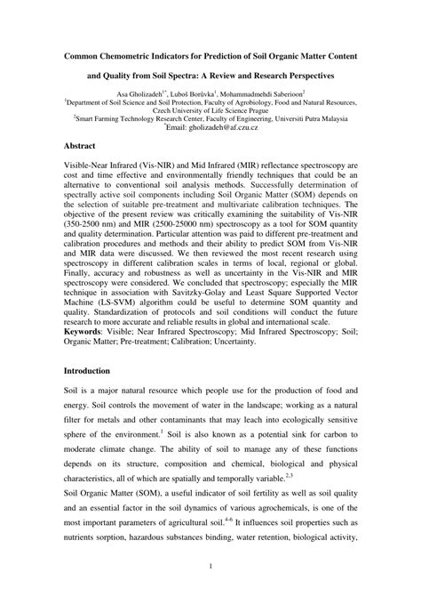 PDF Common Chemometric Indicators For Prediction Of Soil Organic