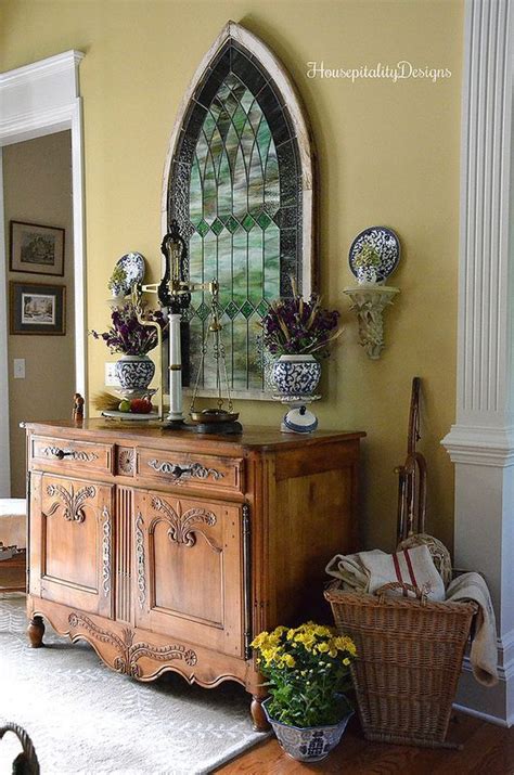 Fall Foyer Antique French Buffet Antique Stained Glass Fall Decor