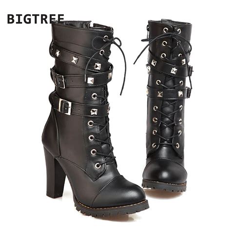 Winter Motorcycle Boots Women S Chunky Heel Platform Leather Sexy Mid