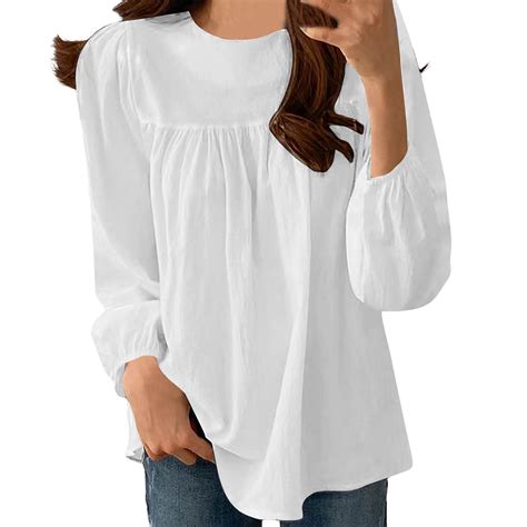 Pxevl Womens Summer Tops Pleated Front Long Sleeve Crewneck Linen Shirt Casual Loose Fit Solid