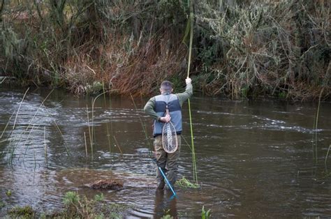 Pescador Pesca Con Mosca Trucha Arco Iris En La Monta A En Un Hermoso