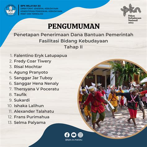 PENGUMUMAN PENERIMA BANTUAN FASILITASI KEBUDAYAAN BPK WILAYAH XX TAHAP