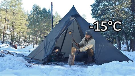 15°c Solo Hot Tent Camping In Snow Wood Stove Cozy Asmr Youtube