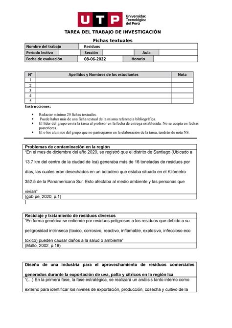 Formato De Entrega De Tarea De Fichas Textuales Tarea Del Trabajo De