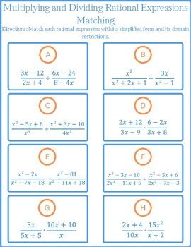 Multiplying And Dividing Rational Expressions Matching Activity