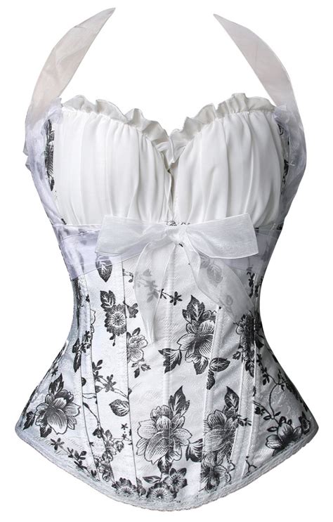 Classical White Brocade Flowers Sweetheart Halter Neck Overbust Corset