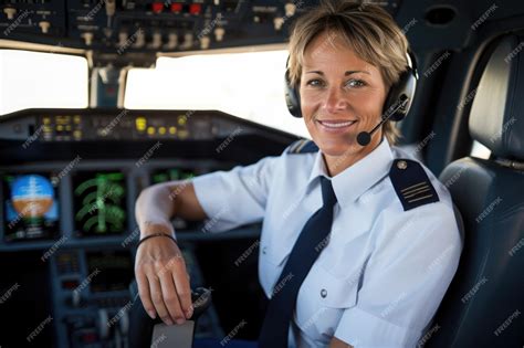 Premium Photo Middle Aged Female Pilot Of An International Passenger Flight Sitting In The