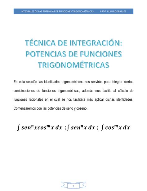 Integrales De Las Potencias De Las Funciones Trigonom Tricas En Esta