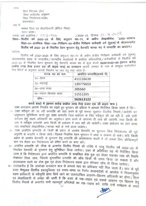 निरीक्षण कर्मचारी वर्ग हेतु वेतन ग्रांट वित्तीय वर्ष 2022 23 के लिए अनुदान सं0 71 के अधीन