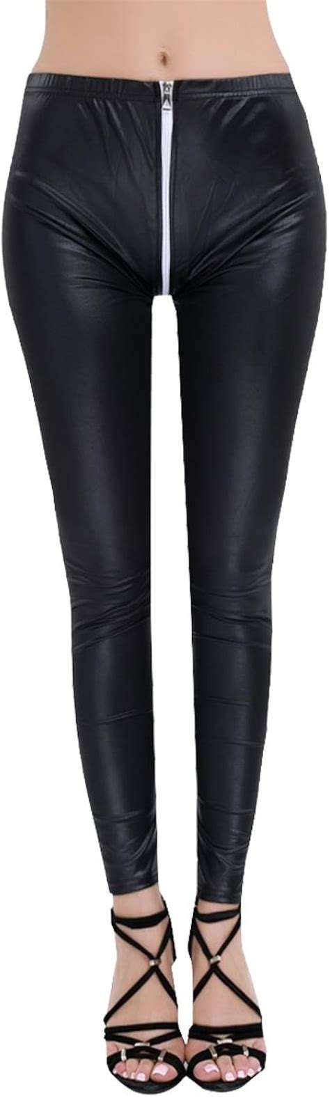 Iefiel Women Two Way Zipper Open Crotch Stretchy Faux Leather Leggings