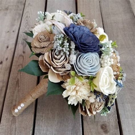 Rustic Navy And Dusty Blue With Burlap Sola Wood Flower Etsy