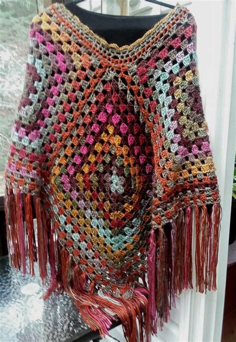 Large Fringed Hippie Boho Poncho Granny Square Crochet In Sunset