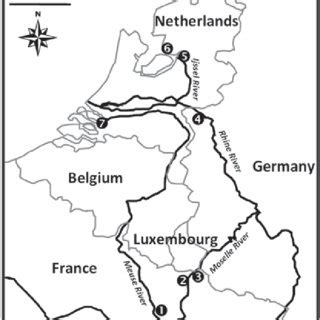 Map of the Rhine and Meuse river basins indicating the 7 locations that ...