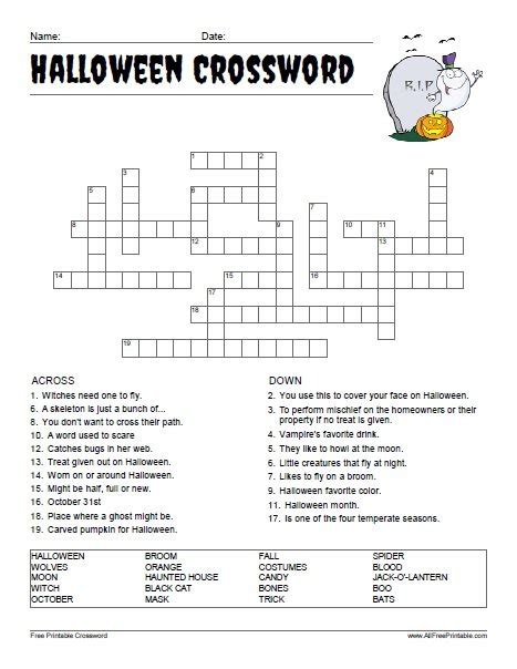 Printable Halloween Crosswords For Adults
