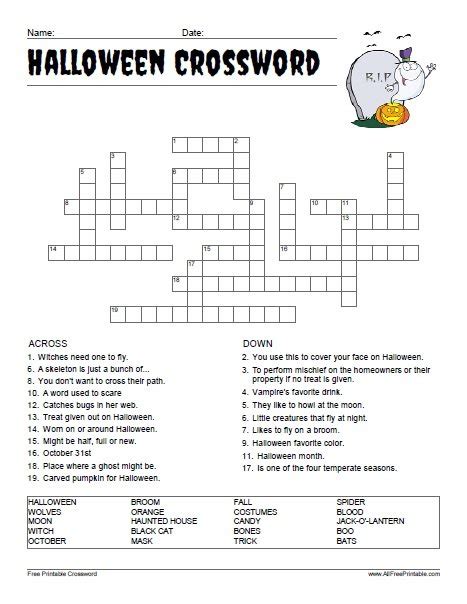 Halloween Crossword Puzzle Free Printable