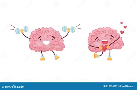 Cartoon Brain Character Lifting Dumbbell And Holding Heart Vector Set