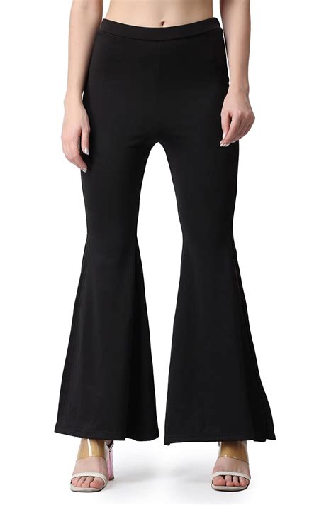 Buy Popwings Casual Solid Black Side Slit Flare Trousers For Women